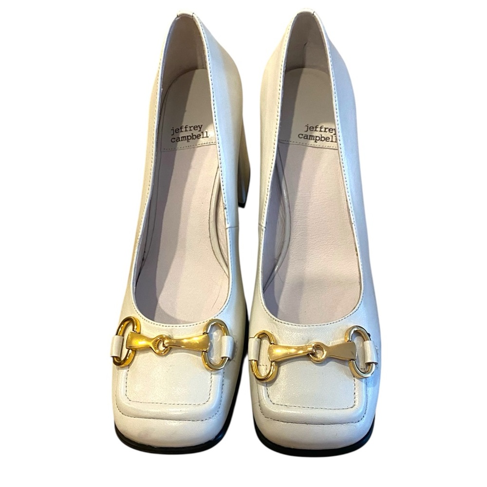Jeffrey Campbell White Leather Heeled Loafers with Gold Horsebit